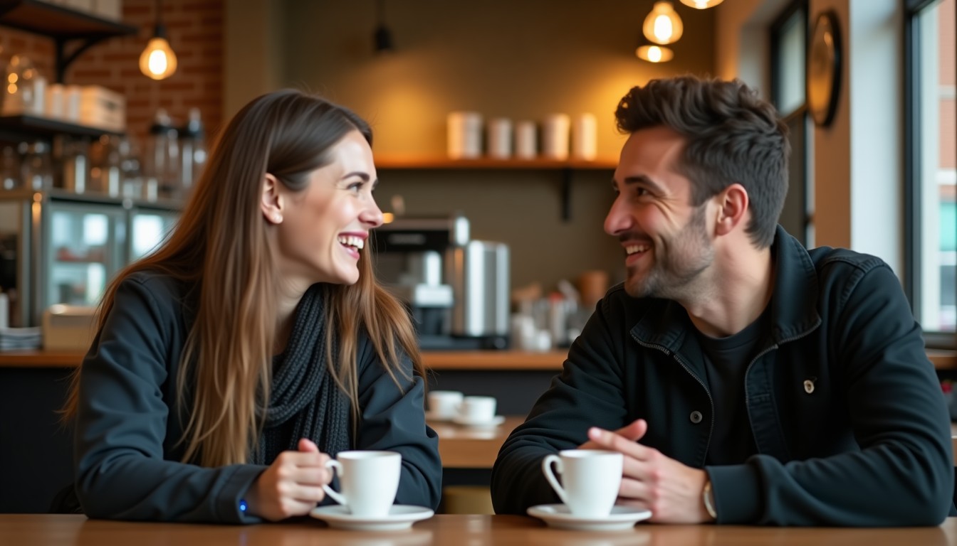 Two people conversing in a cafe
