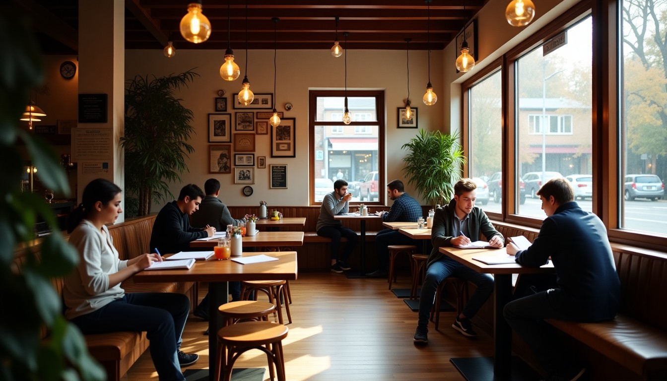 Cozy cafe with people studying