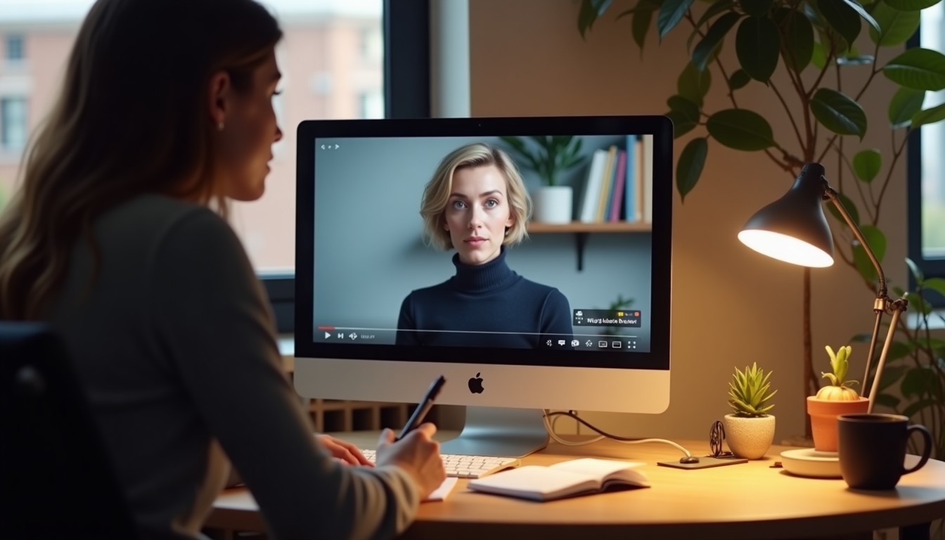 A person sitting at a desk with a notebook and laptop open to a YouTube video