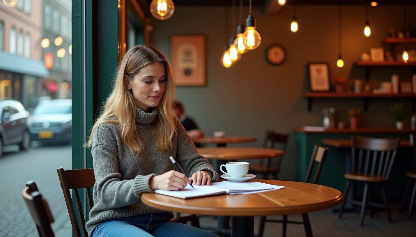 Expat studying at a cafe