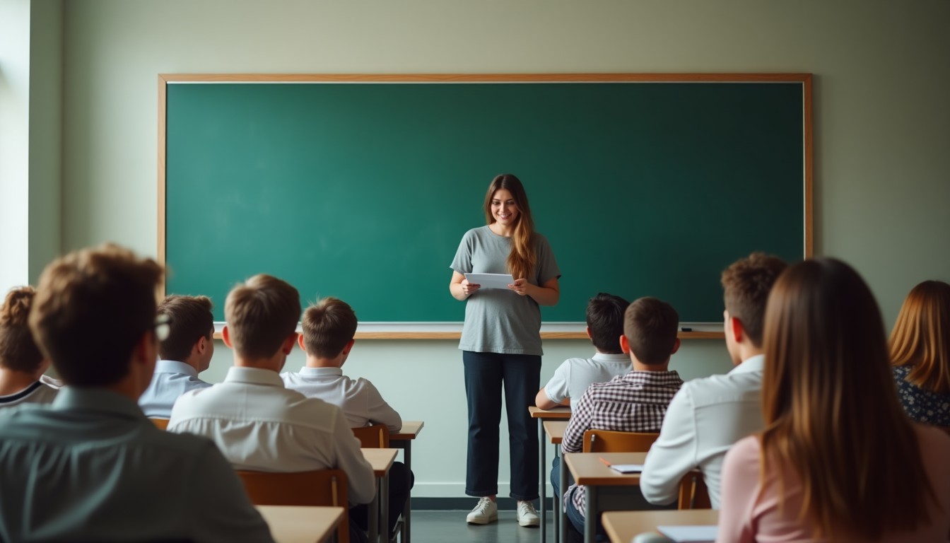 A classroom with a teacher explaining Dutch grammar