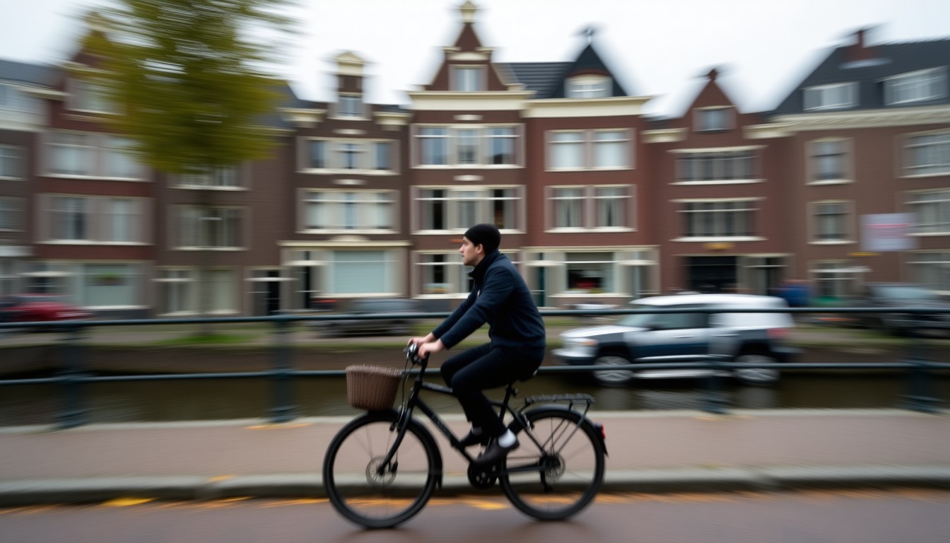 Cycling past Utrecht canal houses