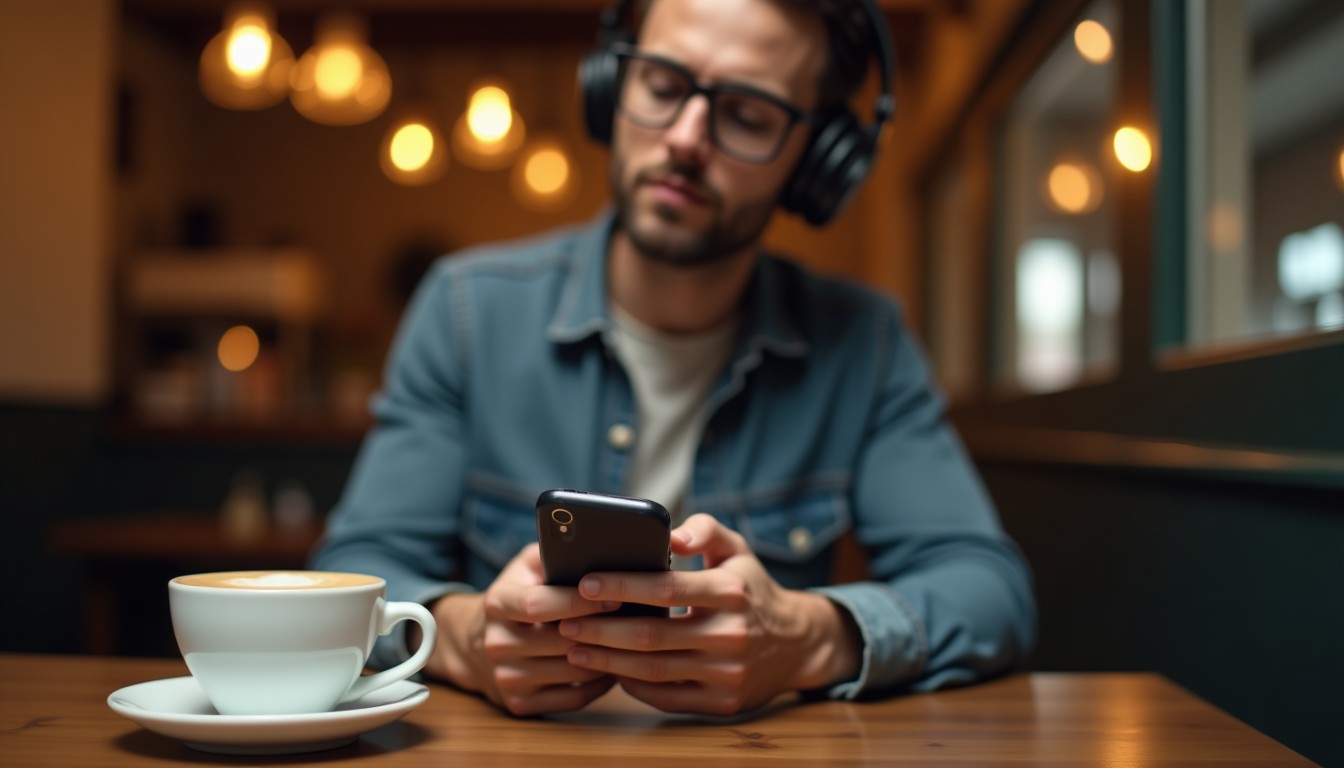 Person listening to a podcast in a cafe