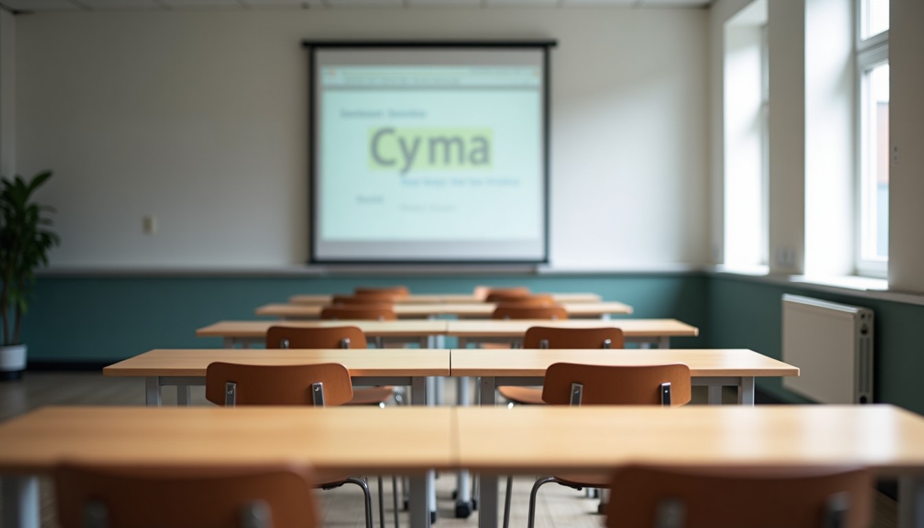 A classroom with students seated at desks, looking at a whiteboard with Dutch text
