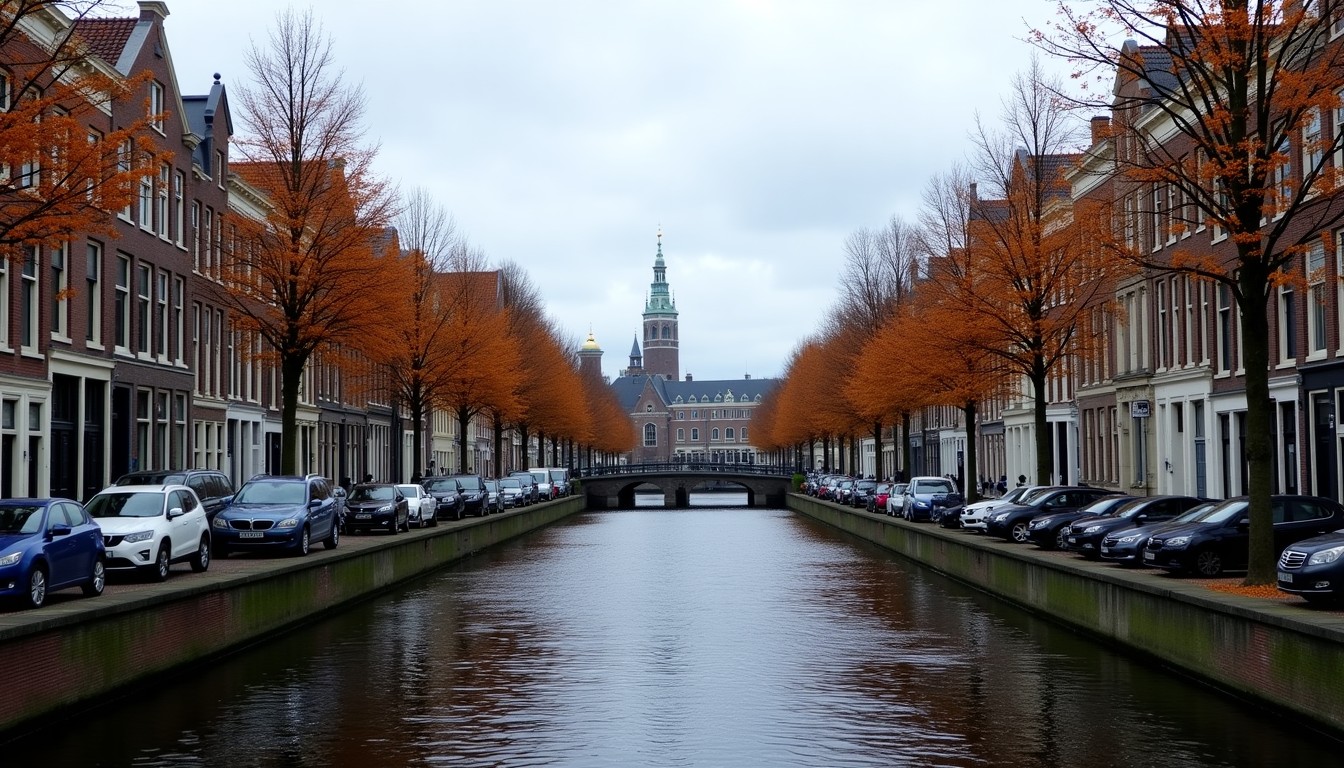 A shallow depth of field shot of a Leiden canal house, with a bike leaning against it