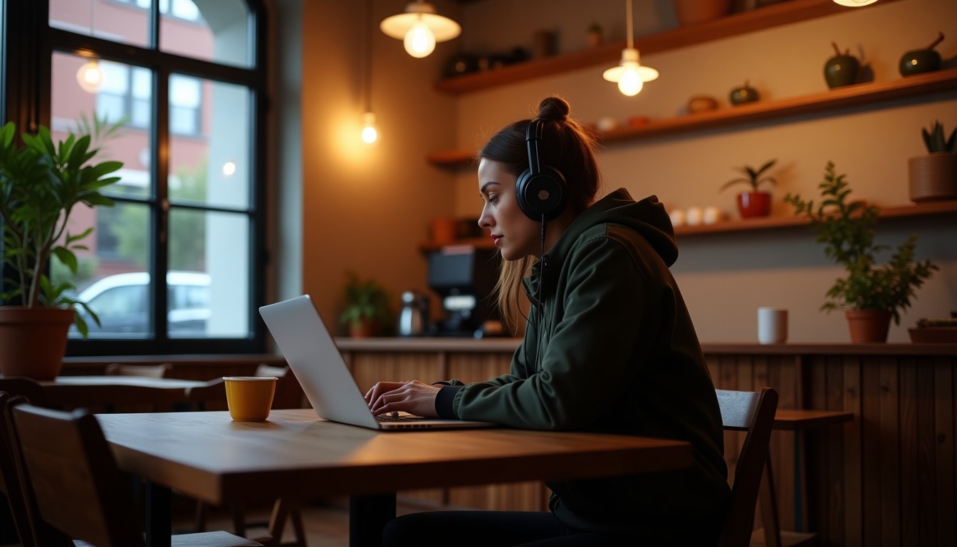 Person listening to a podcast at a cafe