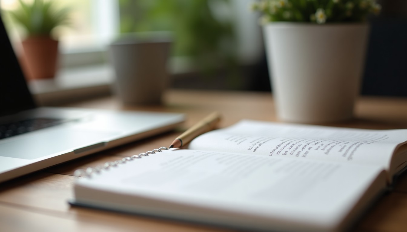 Language textbook and notebook on a desk
