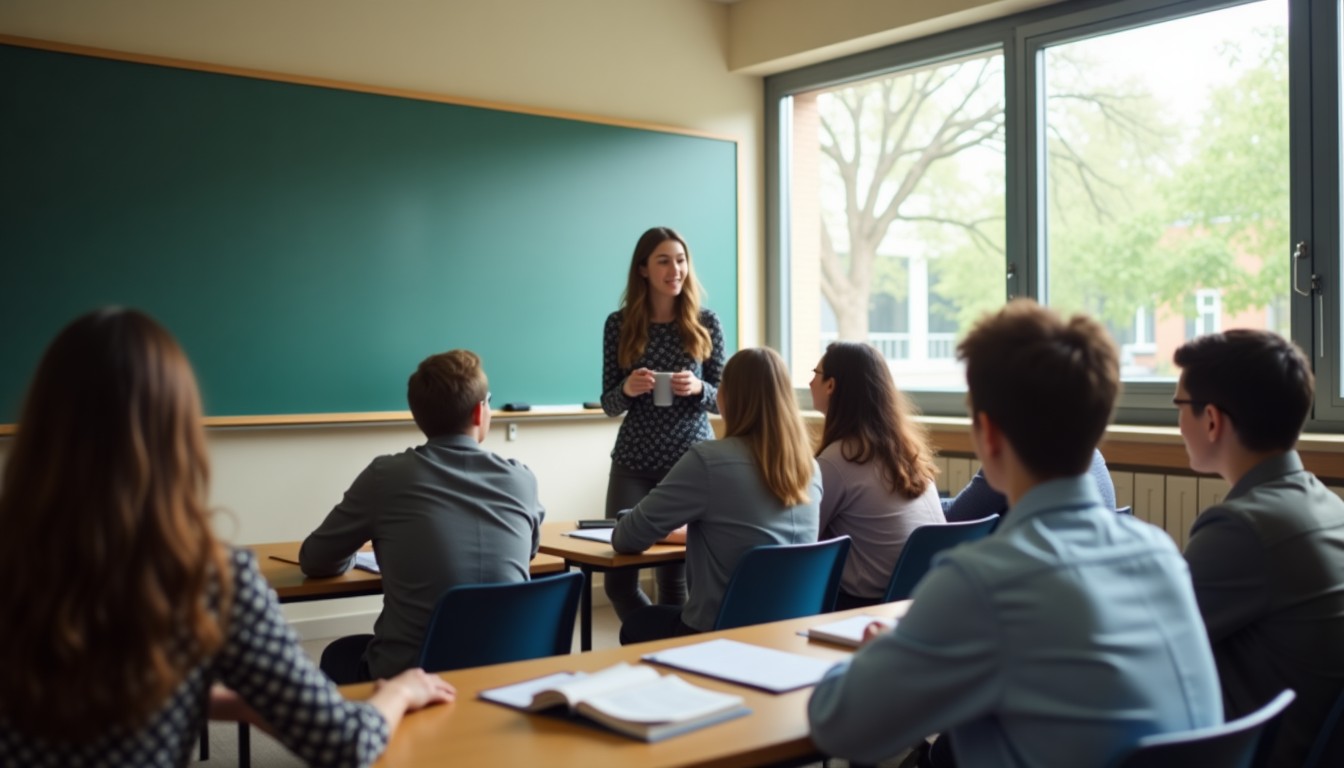 Classroom scene with students and teacher in discussion