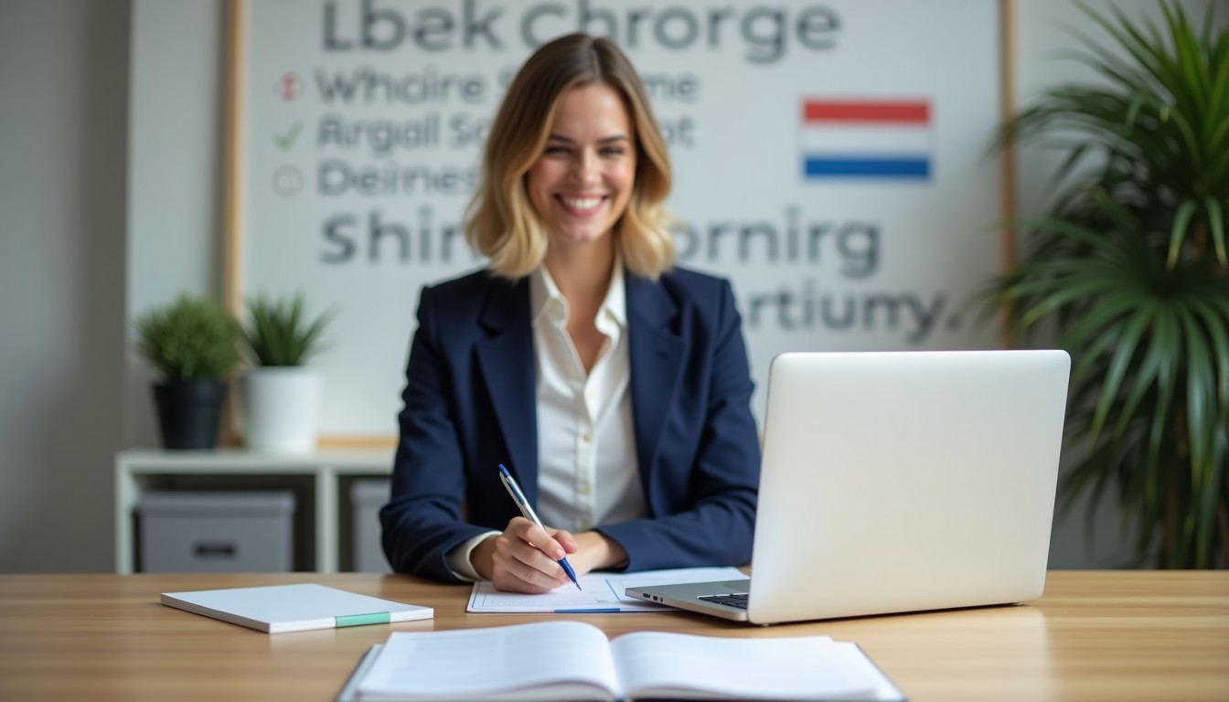 Professional at a desk with laptop and language learning materials
