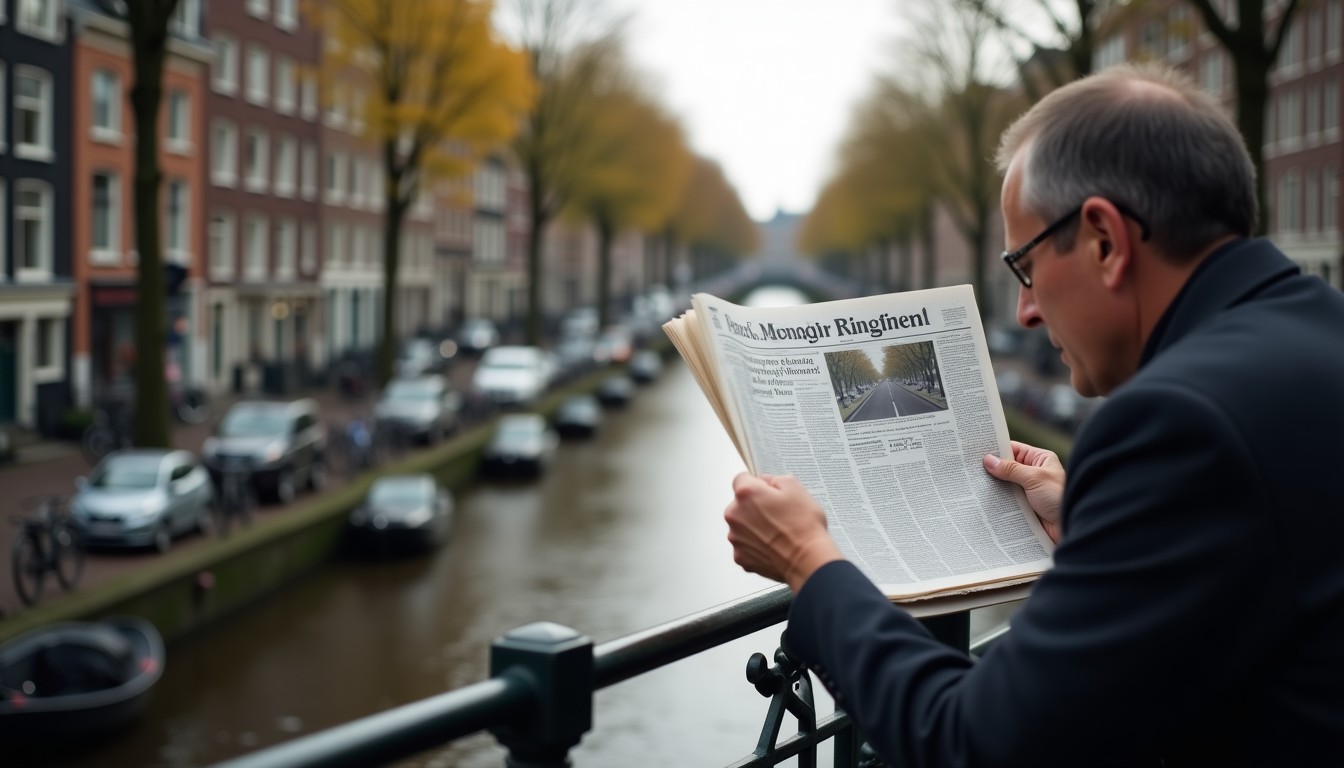 Reading Dutch newspaper on a canal house balcony