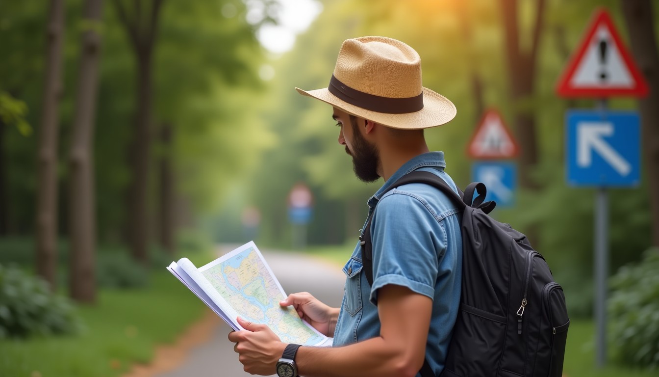 Traveler with phrasebook and map