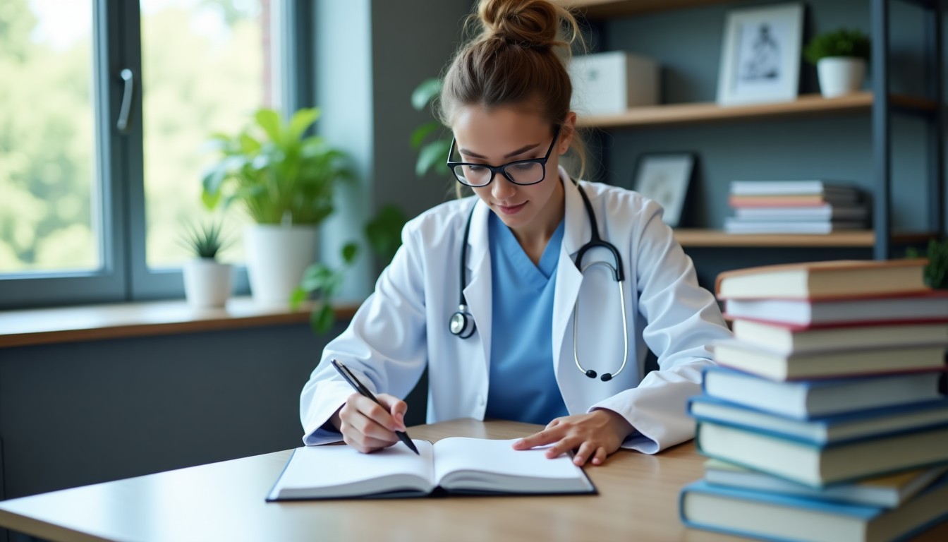Healthcare professional at a desk with medical literature