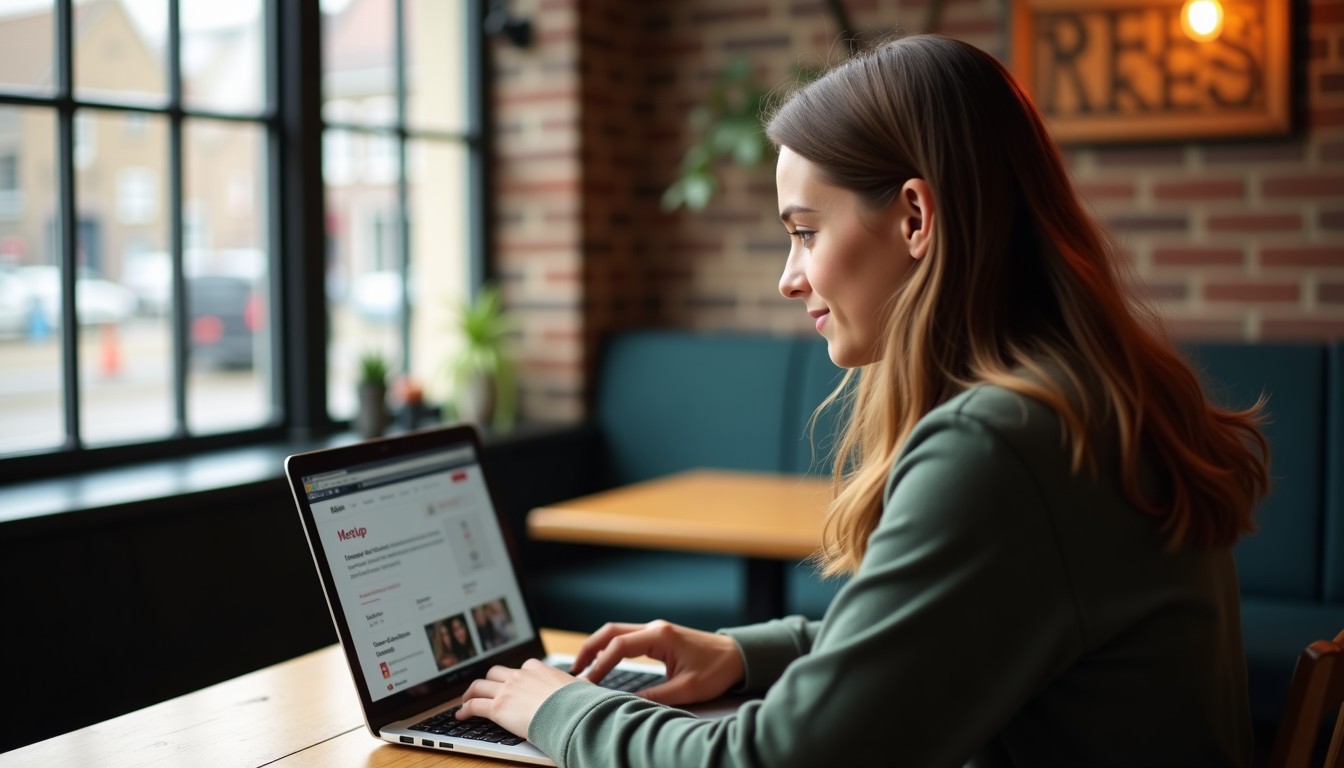Woman browsing Meetup on laptop