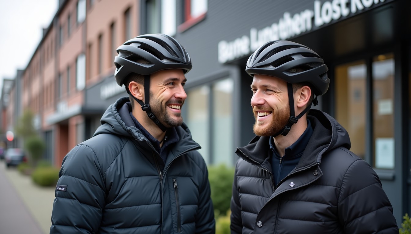 Two men outside a language school