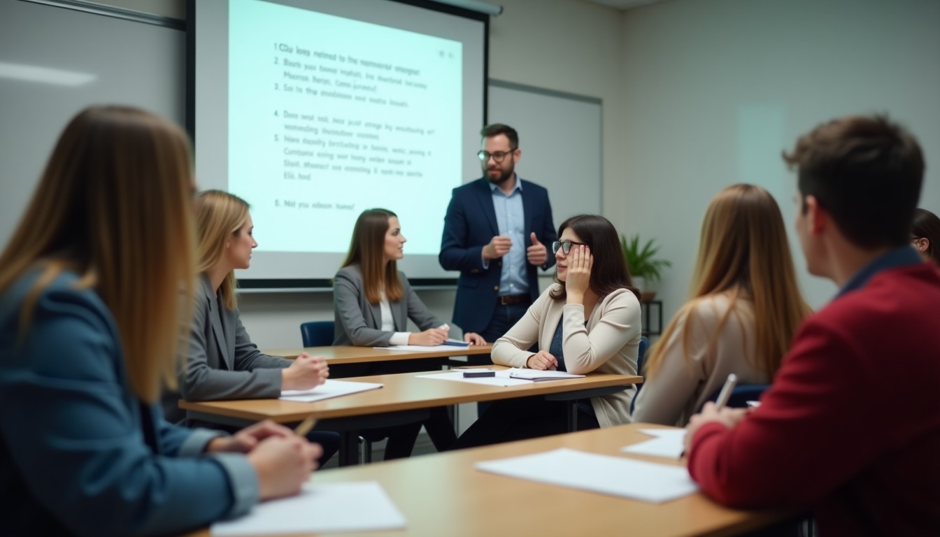 Adult language learners in a classroom conversation