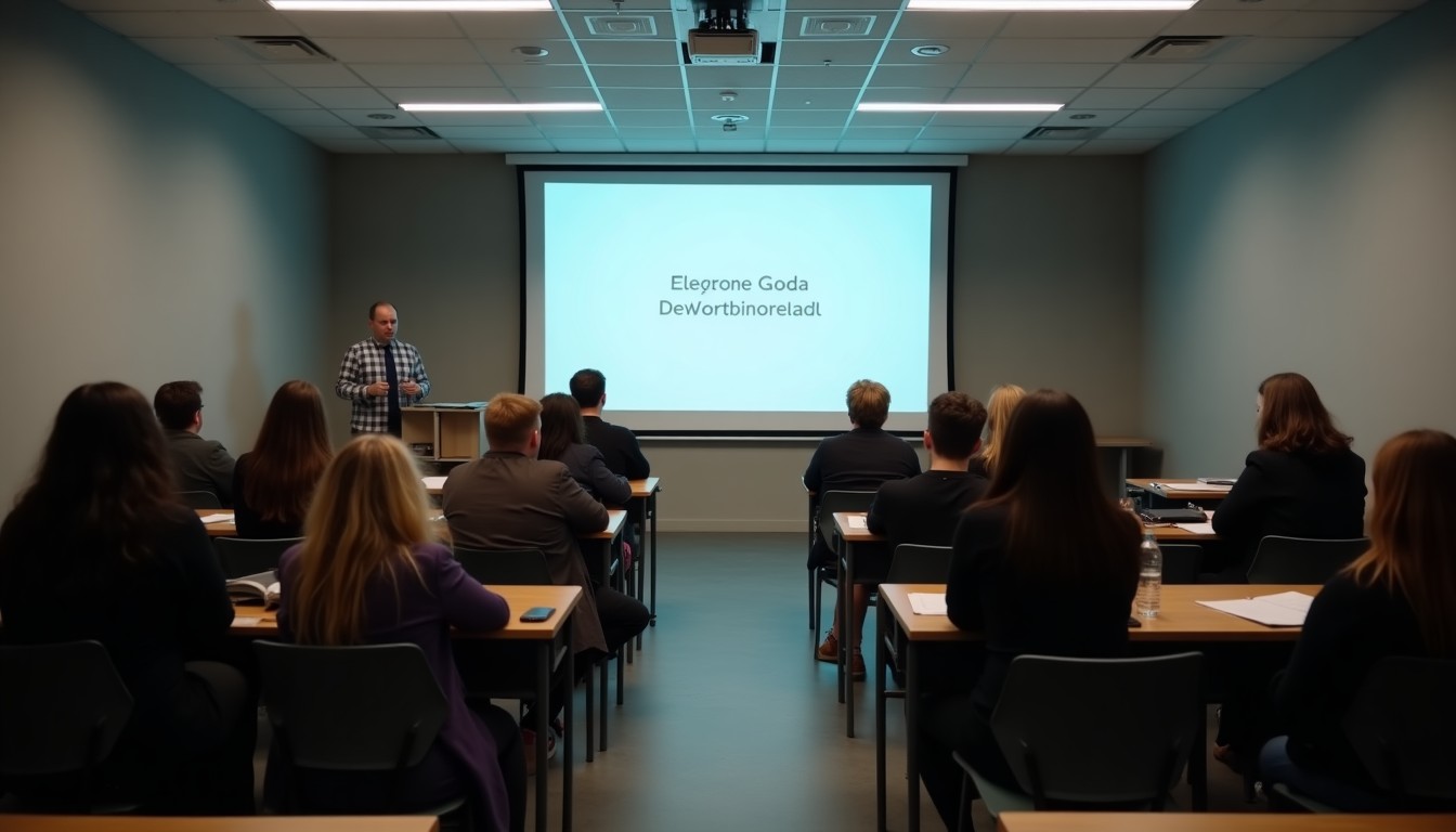 Students watching NOS Jeugdjournaal in a classroom