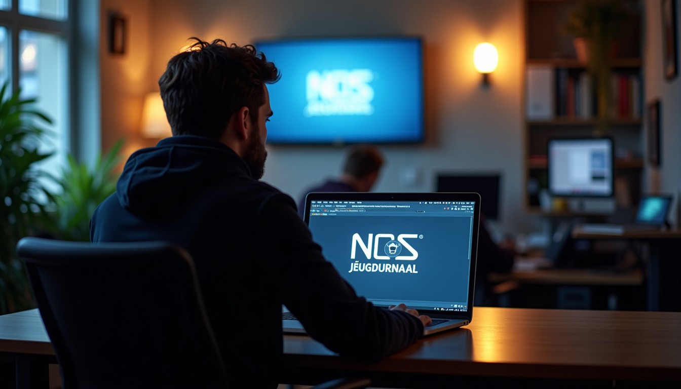 A person watching NOS Jeugdjournaal on a laptop