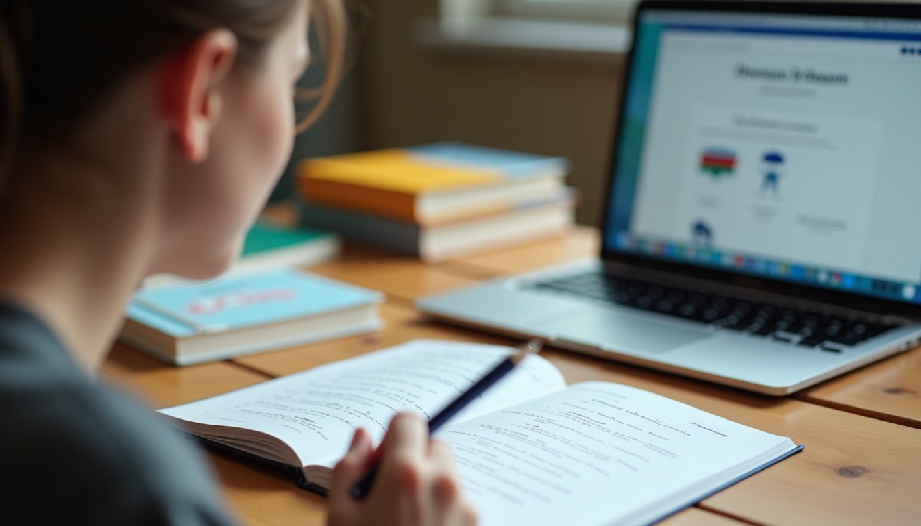 Person studying Dutch language materials at a desk