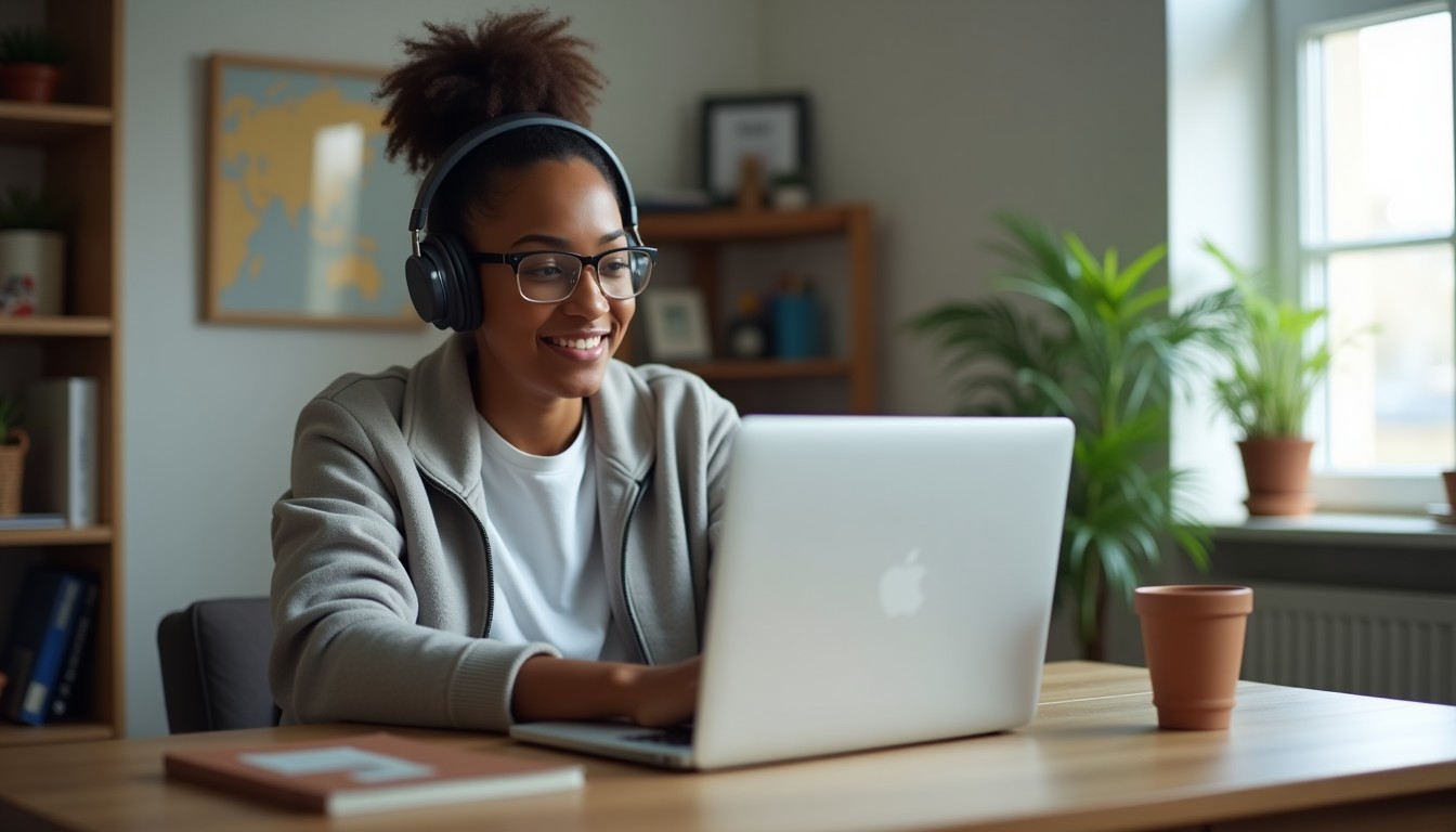 Person listening to a language lesson at home