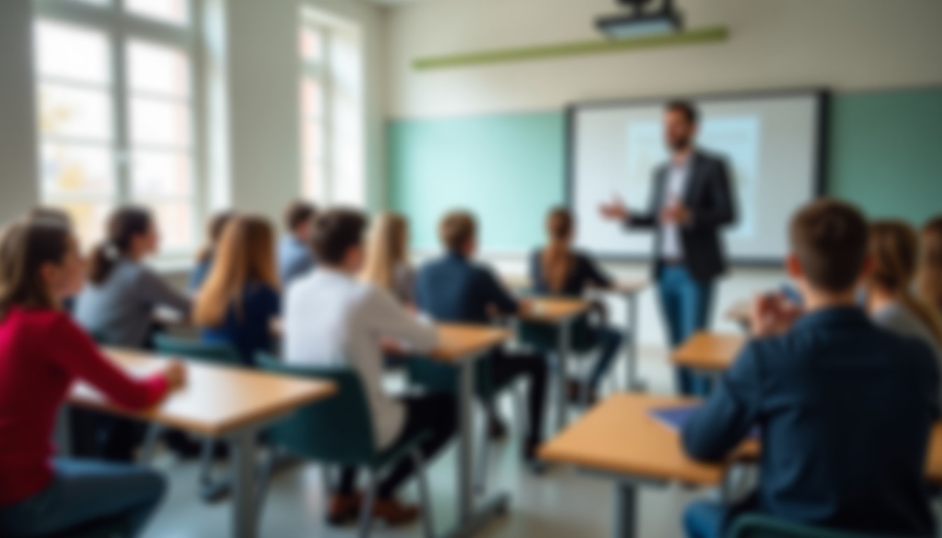 Dutch language classroom with students and teacher