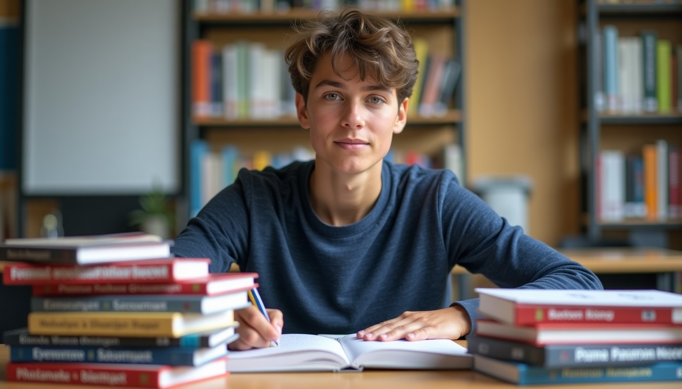 Student studying with Dutch textbooks and Prisma Woordenboeken dictionary