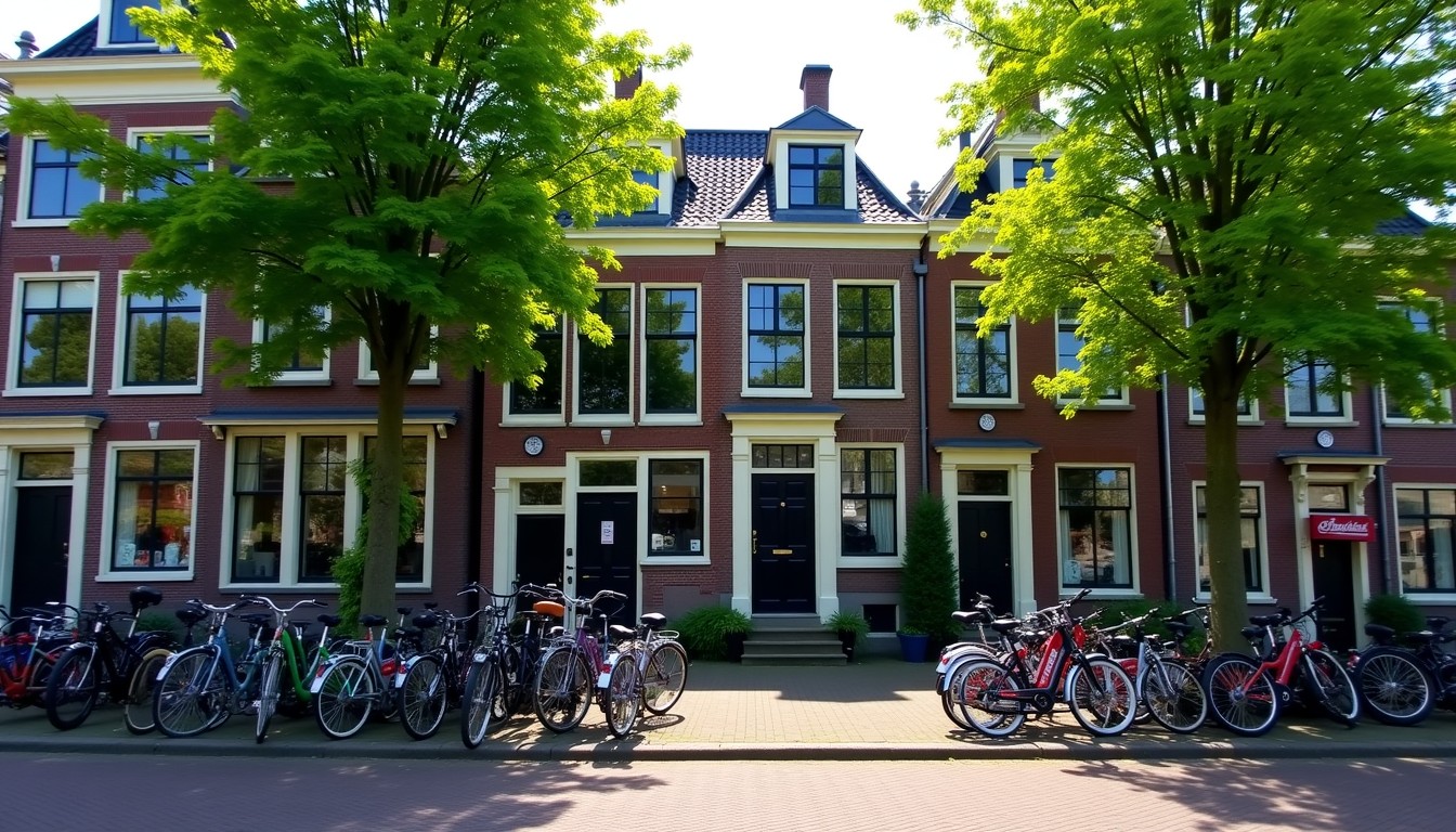 A picturesque Dutch canal house with bicycles.