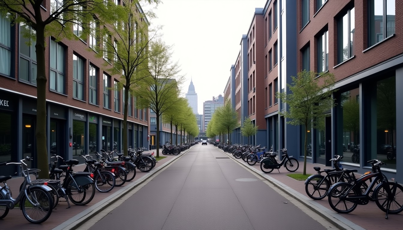 Rotterdam street with bicycles and modern buildings