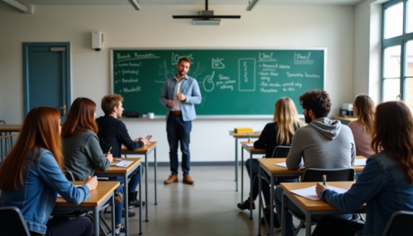 Students and teacher in a Dutch language classroom