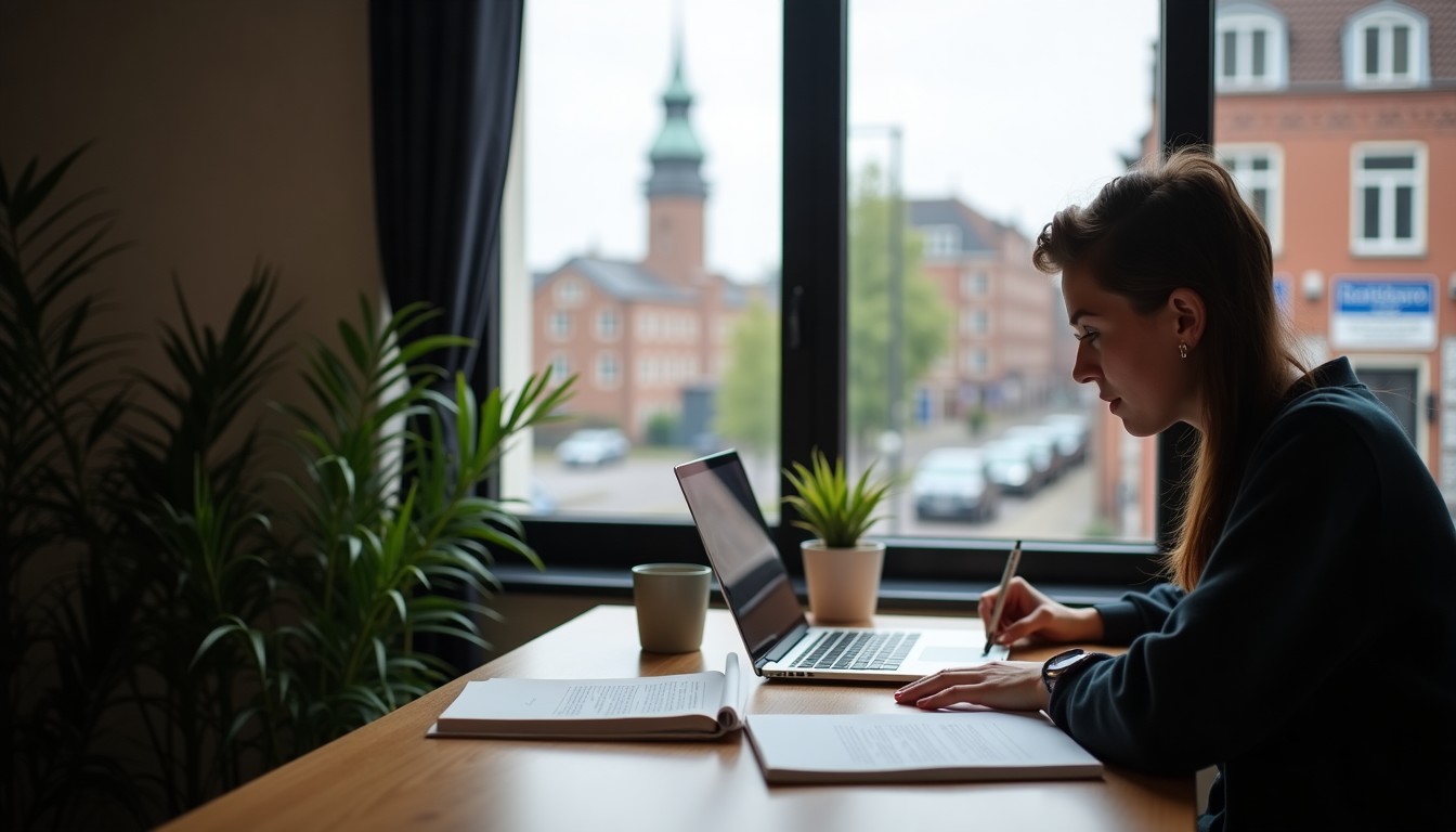Student studying Dutch with a Rotterdam city view