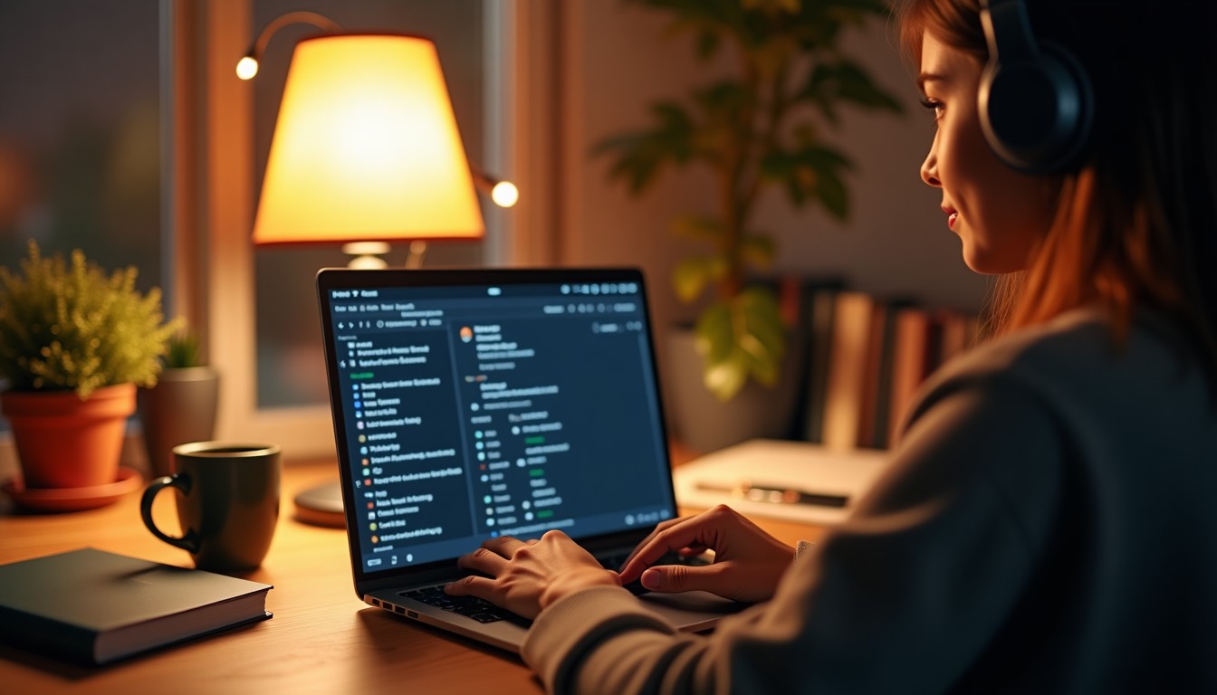 Person listening to podcast at home desk
