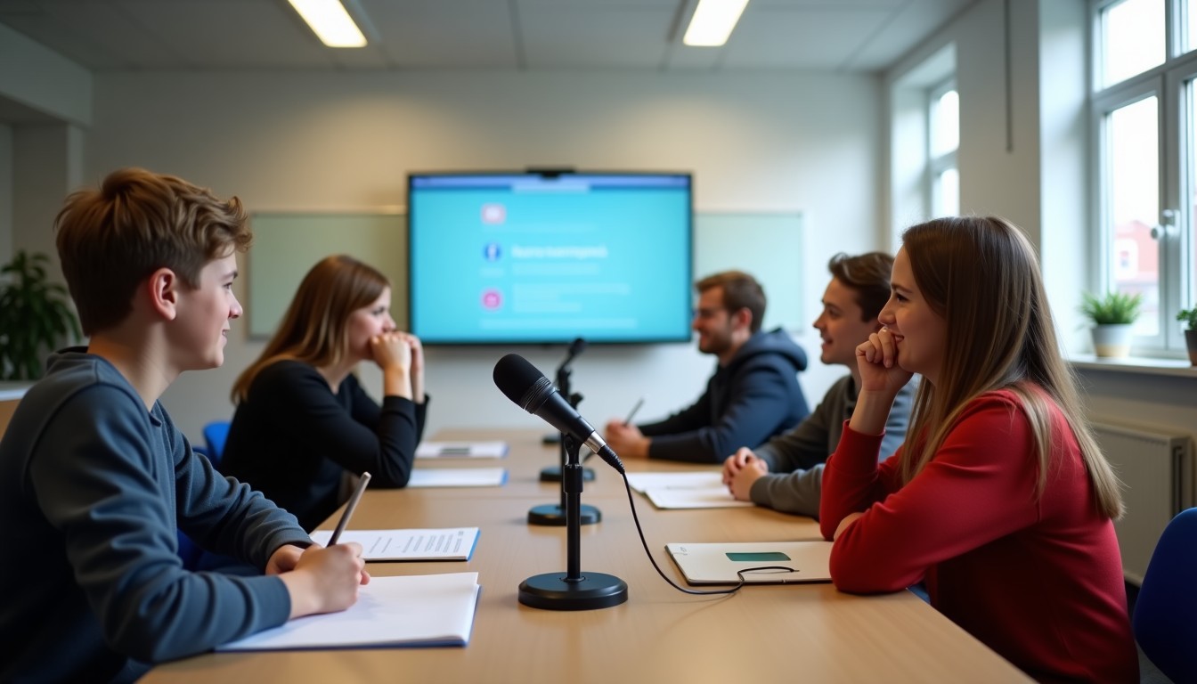 Students listening to Dutch podcast in a classroom