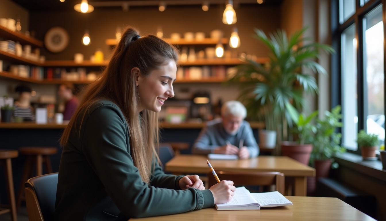 A natural light shot of a student sitting at a cafe, surrounded by Dutch language study materials