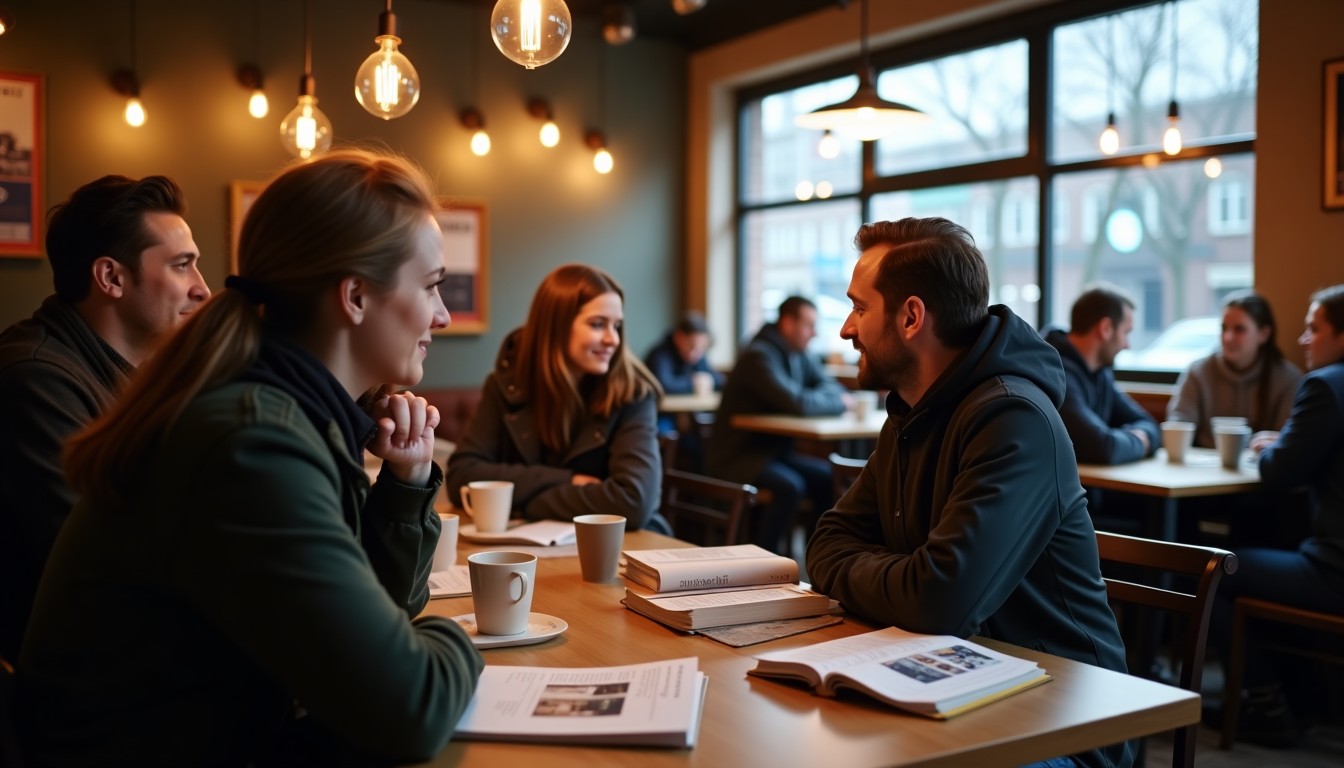 People chatting in a cafe with Dutch language books