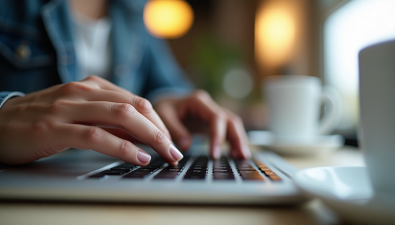 Person typing on laptop with coffee