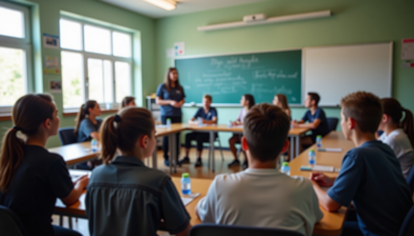 Students in a circle, conversing with a teacher