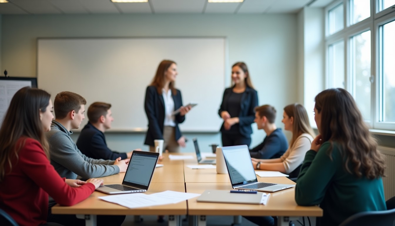 Students and teacher in a classroom with Dutch language materials
