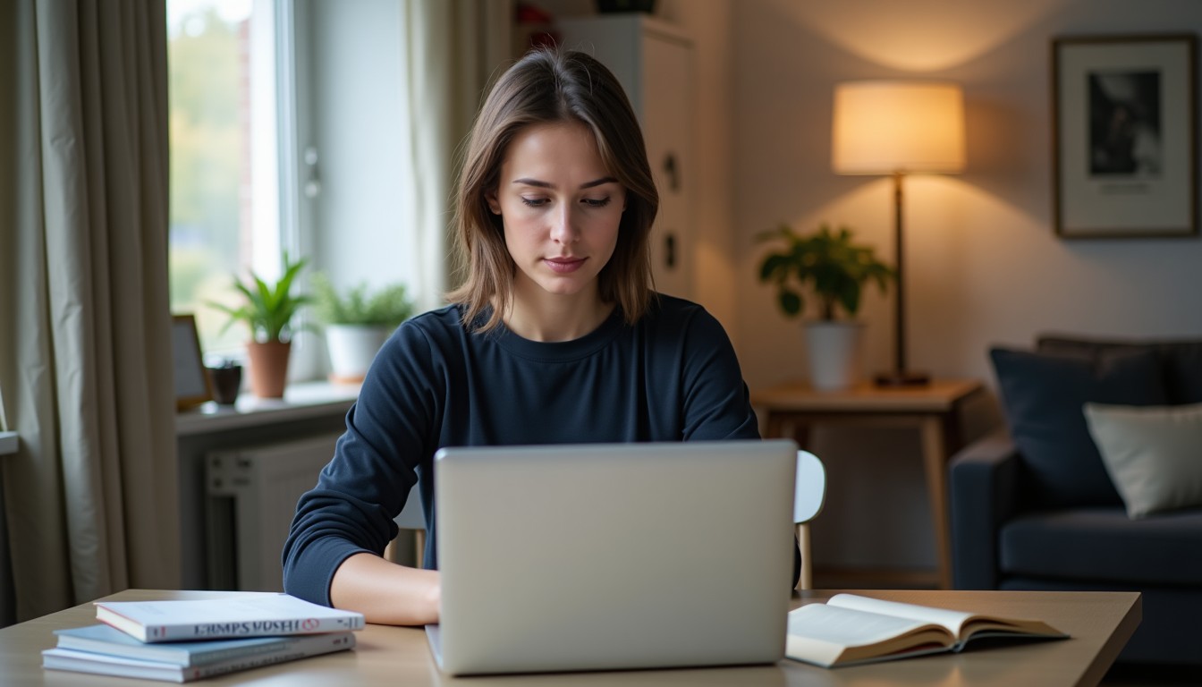 Person studying at home with laptop and textbooks