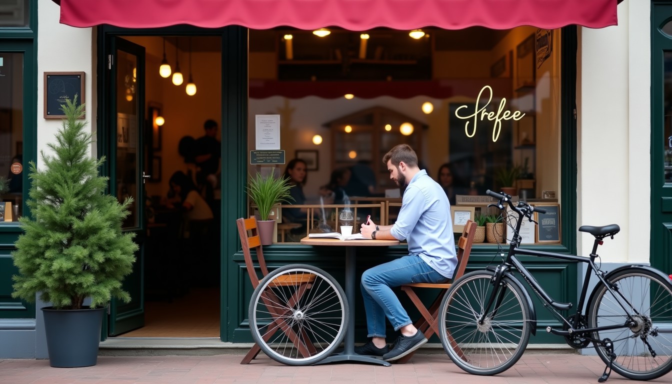 Student studying Dutch at a cafe