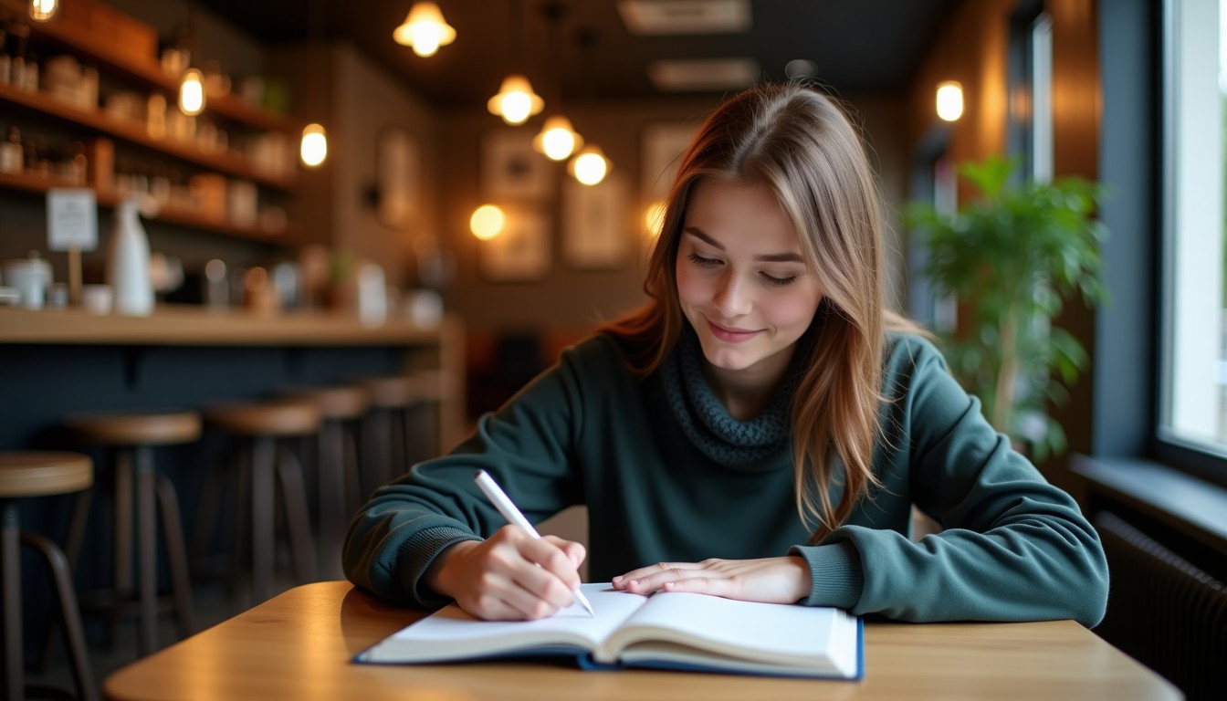 A person sitting at a small cafe table, surrounded by books and a laptop, with a cup of coffee