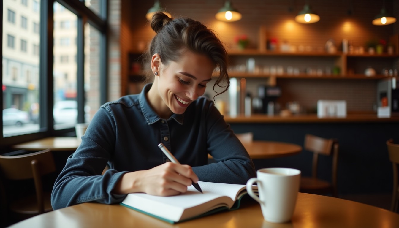 Student studying Dutch at a cafe