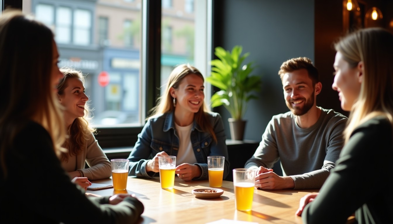 Students in a cafe discussing Dutch language and culture
